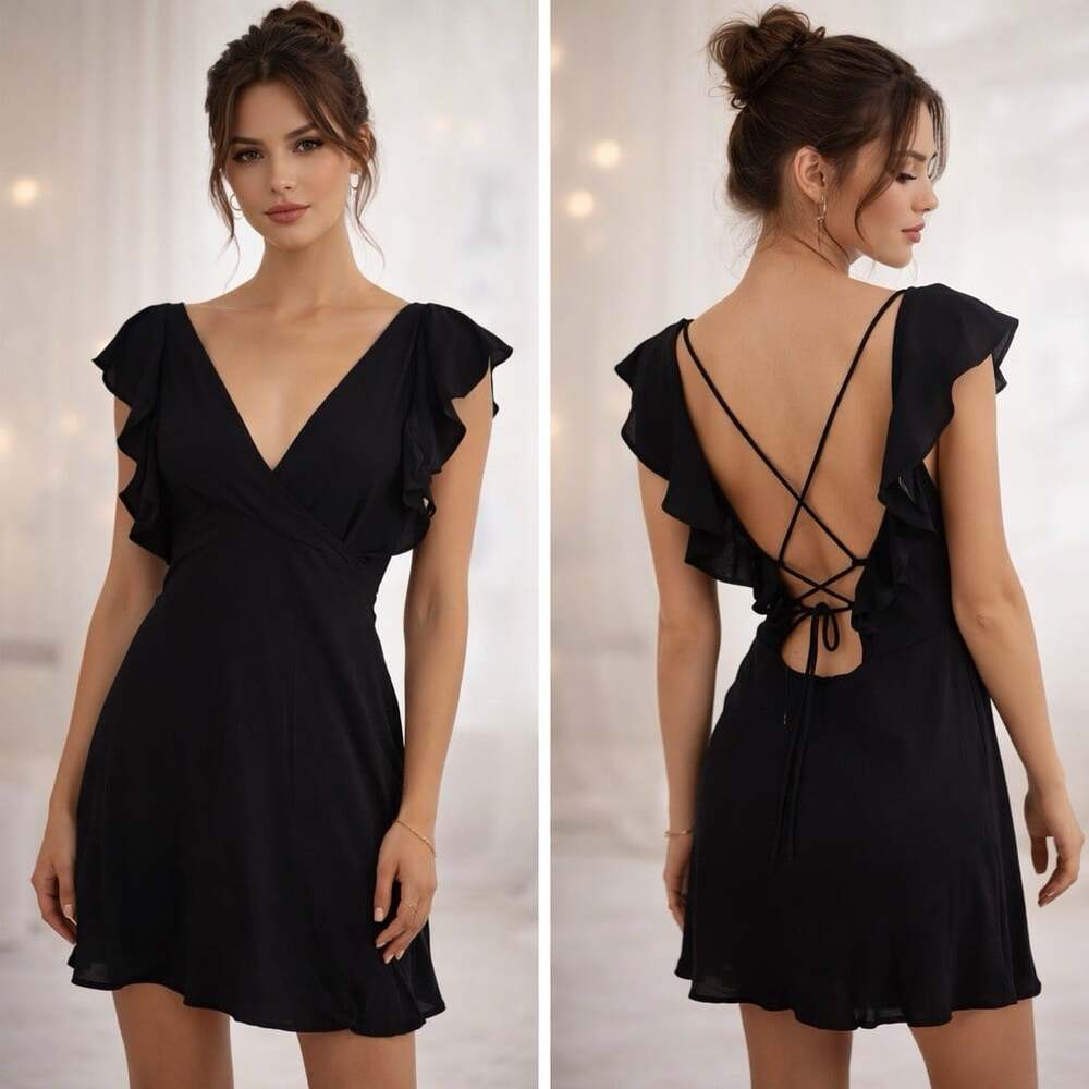NWT ZARA Vneck Lace Up Back Babydoll Dress Black Party Romantic Beach Boho MED